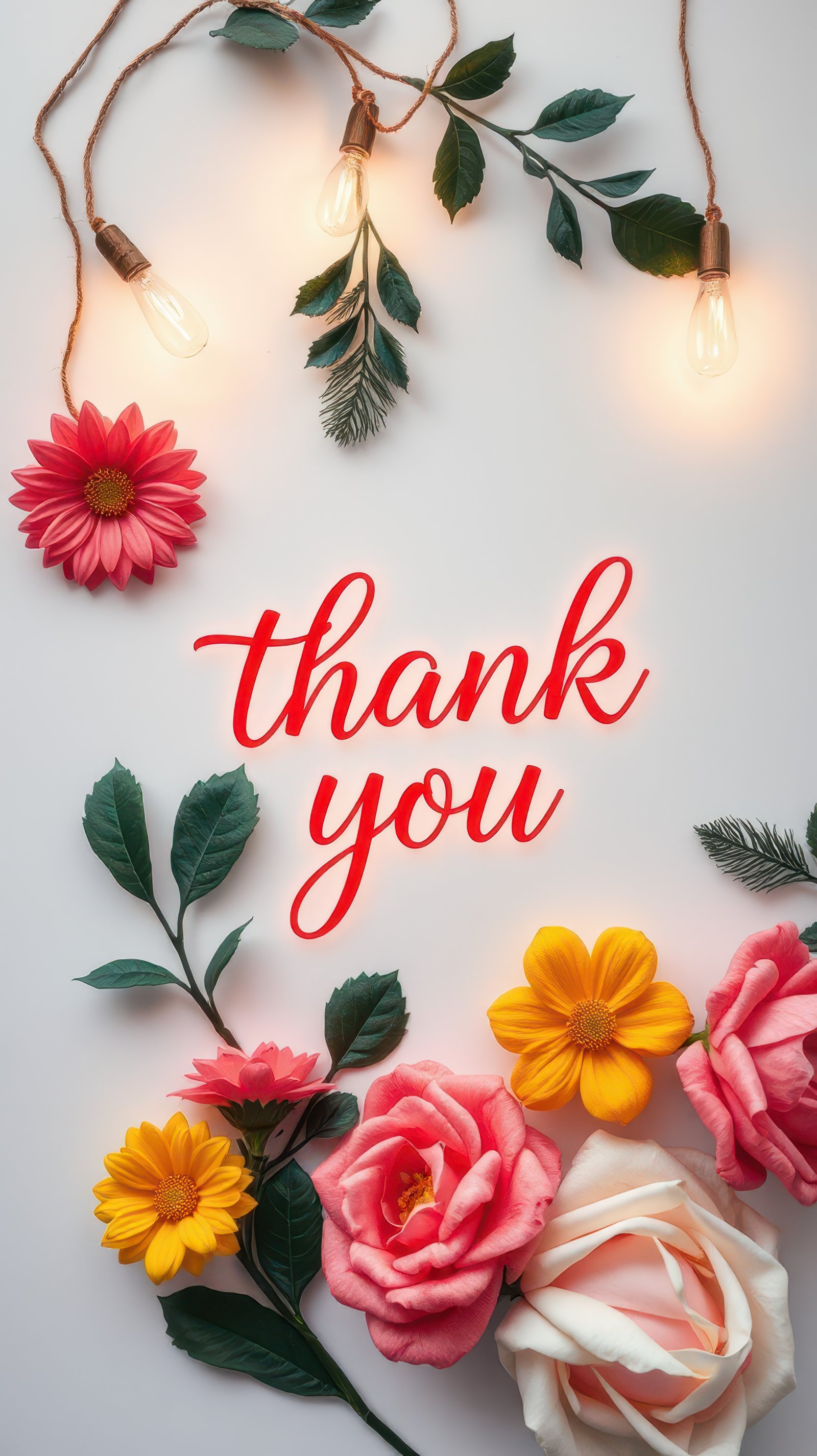 Colorful floral arrangement with thank you message decorated with string lights